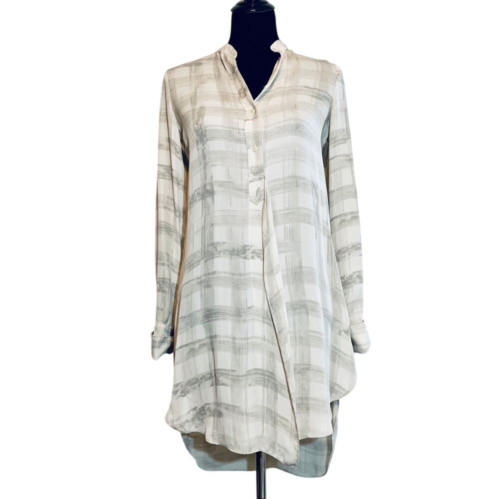 Aritzia A Moveable Feast gray cream plaid silk dress tunic oversize fit size XXS